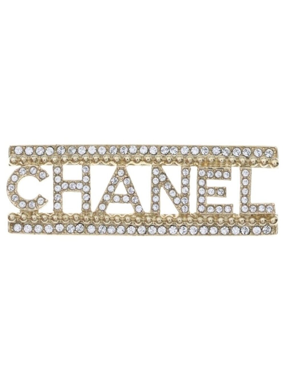 Chanel Logo Rhinestone Brooch Gold